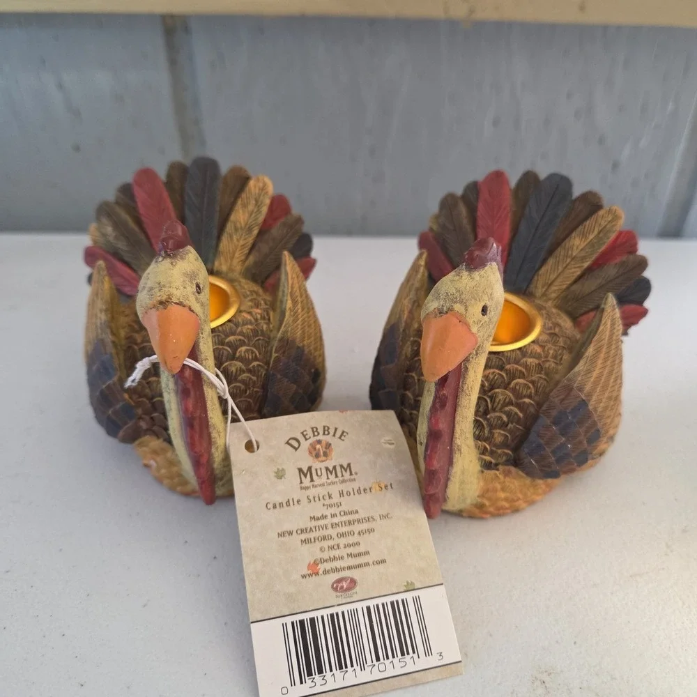 Set of 2 Debbie Mumm Turkey Candle Stick Holders Thanksgiving Fall Autumn Decor